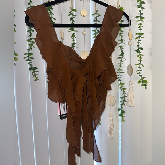 NWT PLT Chocolate Chiffon Frill Bardot Long Top - Picture 3 of 5
